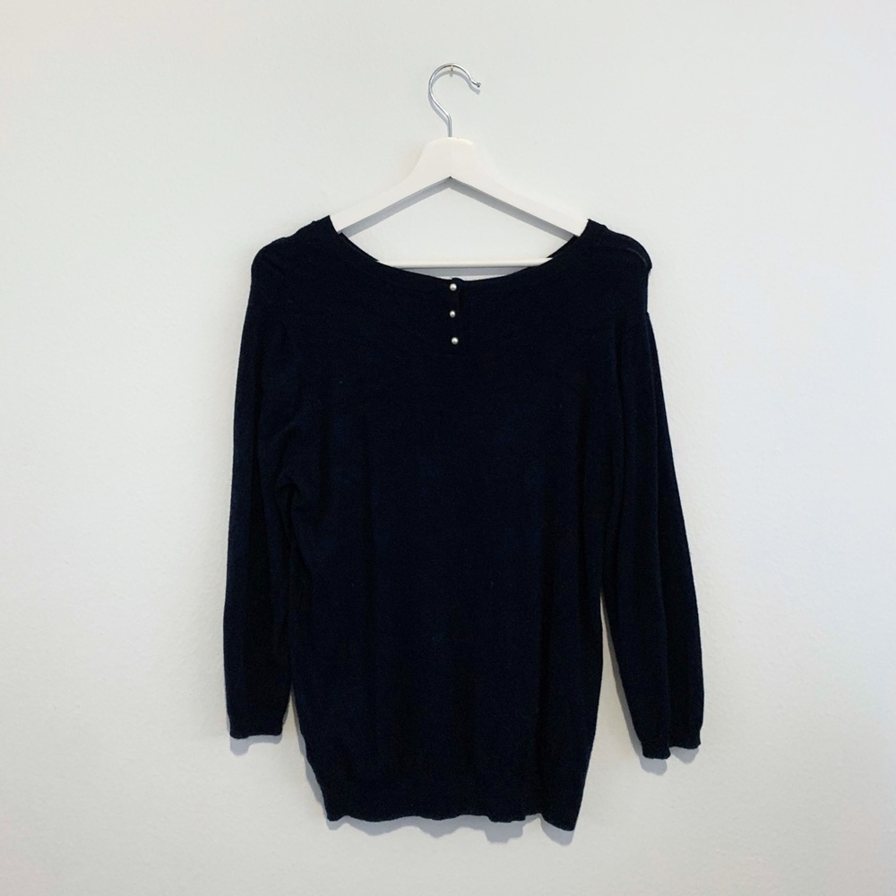 Premise Woman's Knit Sweater Long Sleeve Navy Blue Pearl Buttons Round Collar L - Picture 2 of 2